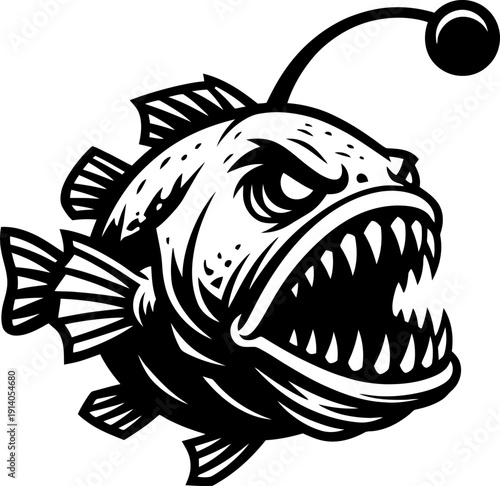 Angry anglerfish with sharp teeth opening mouth and light on its head. Dangerous sea creature icon. Vector illustration for design
