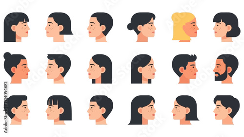 diverse people profiles modern flat design illustration for user avatars and digital identity showcasing various hairstyles genders and ethnicities.