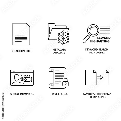e-discovery and legal tech icons for document management redaction metadata digital deposition privilege logs contract drafting.