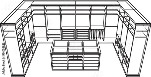 Elegant, architectural black and white design drawing showcases a custom walk-in closet with integrated storage units. An expansive closet offers a sophisticated storage solution for clothing, shoes.