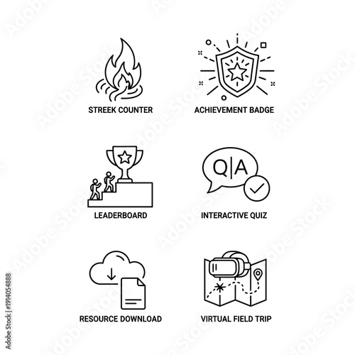 e-learning gamification icons achievement streak leaderboard quiz download virtual trip ideal for modern education uiux.