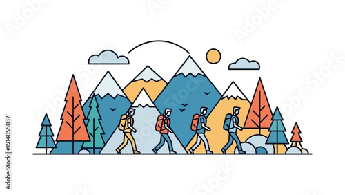 four hikers with backpacks trekking vibrant minimalist mountain landscape trees sun clouds illustrating outdoor adventure.