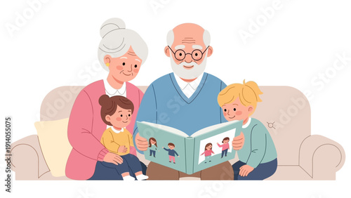 grandparents reading illustrated storybook to young grandchildren on cozy couch fostering family bonding and childhood learning.