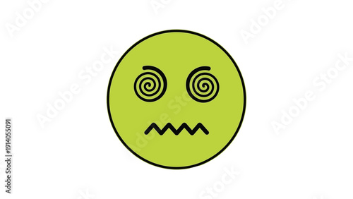 green emoji face with spiral eyes and wavy mouth illustrating nausea sickness dizziness on white perfect for health or feeling unwell.