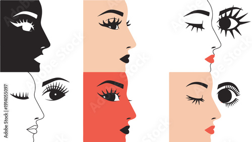 graphic illustrations of diverse female profiles showcasing beauty makeup and facial features ideal for cosmetic branding.