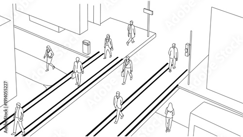 isometric illustration of people walking on city street with tram tracks and buildings depicting urban daily life and commute.
