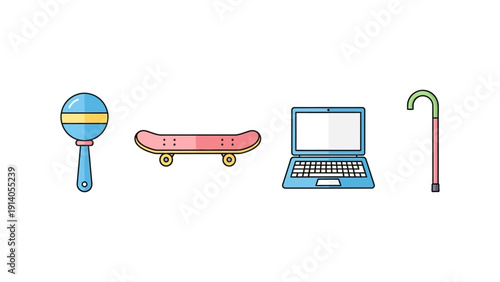 life stages illustration baby rattle skateboard laptop walking cane depicting growth aging generational progression.