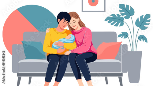 lesbian couple with newborn baby tenderly embracing on a cozy sofa at home depicting modern family new parenthood and loving domesticity.