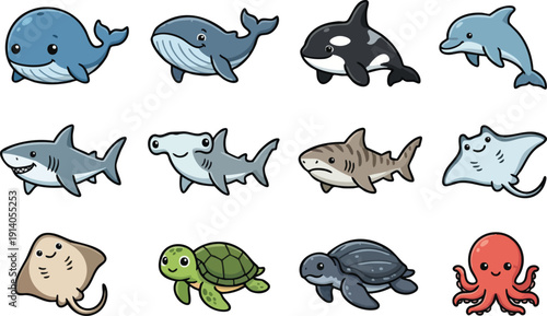 A whale, humpback whale, orca, dolphin, great white shark, hammerhead shark, tiger shark, stingray, manta ray, turtles, and a red octopus in a flat, vector illustration style perfect for kids' designs