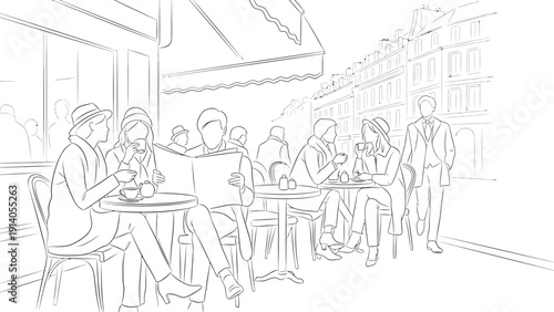 line art drawing of people relaxing at a parisian street cafe drinking coffee and reading capturing classic european urban life.