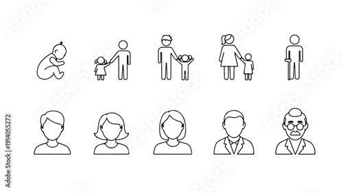 line art icons depicting human life stages and family units from baby to elderly useful for demographic analysis.