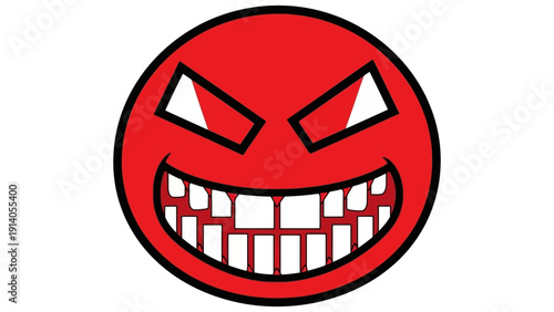menacing red face icon sharp triangular eyes jagged teeth illustration conveying anger rage aggression ideal for gaming or danger themes.