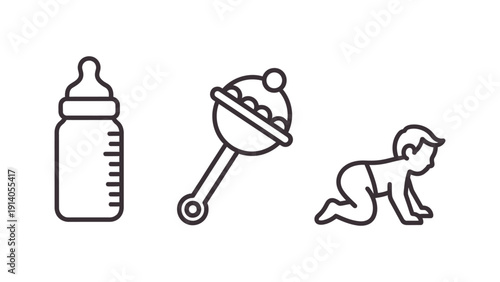 minimalist baby icons set line art illustration of a feeding bottle toy rattle and crawling infant on white background.