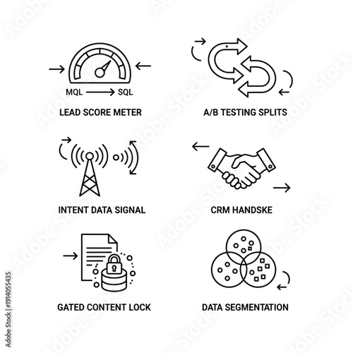 marketing and sales strategy icons lead scoring ab testing intent data crm gated content data analysis.
