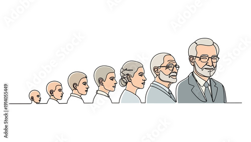 minimalist continuous line drawing depicting a mans life cycle from baby to elderly symbolizing human aging and developmental stages.