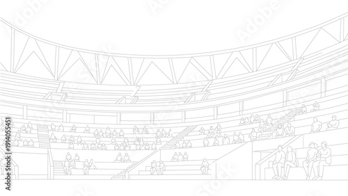 minimalist architectural line drawing of a stadium or arena interior with abstract audience figures in tiered seating perfect for design concepts.