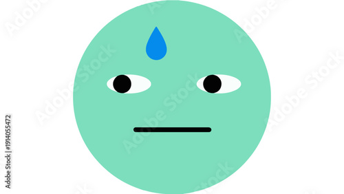 minimalist green emoji face with a blue sweat drop conveying anxiety or discomfort for modern ui ux design and social media.