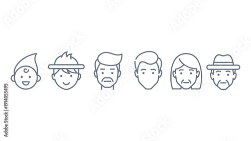 minimalist line art icons depicting the human aging process from infancy to senior illustrating various life stages and demographics.