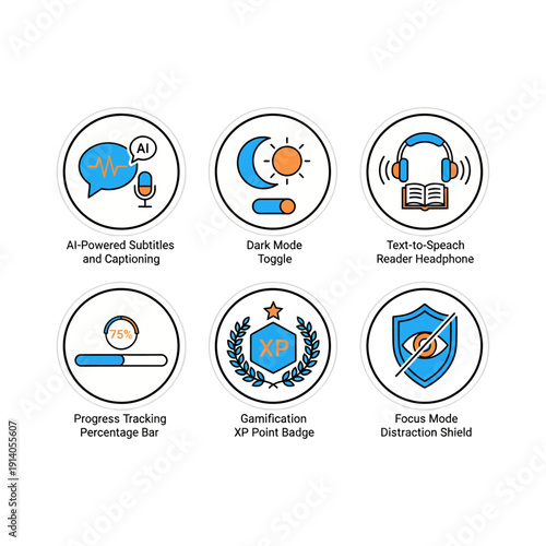 modern ux ui digital feature icons ai subtitles dark mode text-to-speech progress gamification focus for intuitive app designs.
