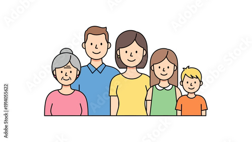 multi-generational family portrait with grandmother parents and two children smiling vector illustration for family unity and demographic diversity.