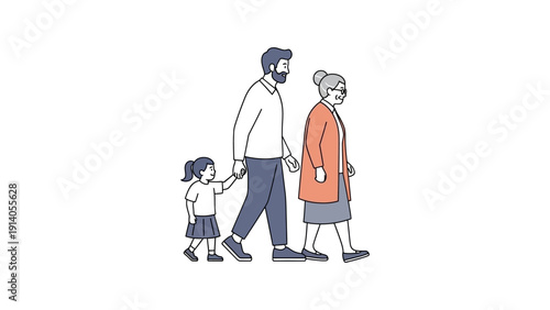 multi-generational family of grandmother father and child walking hand-in-hand illustrating strong family bonds and intergenerational support.
