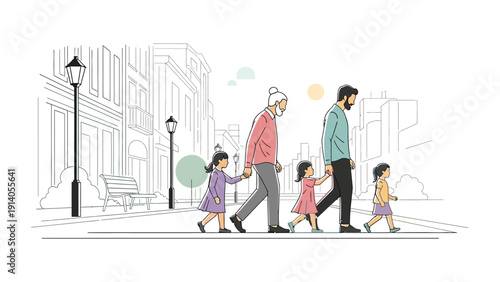 multi-generational family grandfather father three young girls walking hand-in-hand on a city street illustrating urban bonding