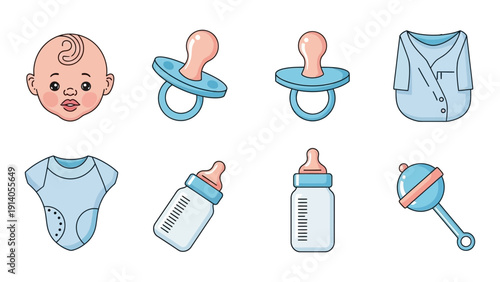 newborn baby items and infant care essentials flat icon set featuring pacifiers bottles clothes and rattle for modern designs.
