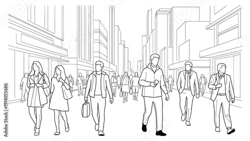 pedestrians walking on a busy city street illustrating urban life shoppers and commuters in a clean line art style.