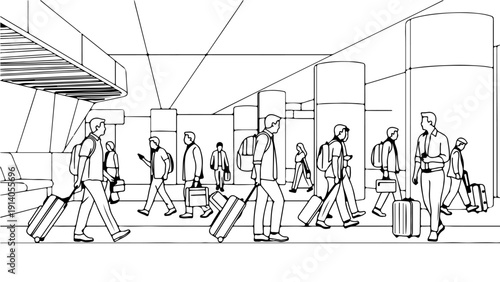 passengers and business travelers walking with luggage through a modern airport or train station terminal depicting global mobility.