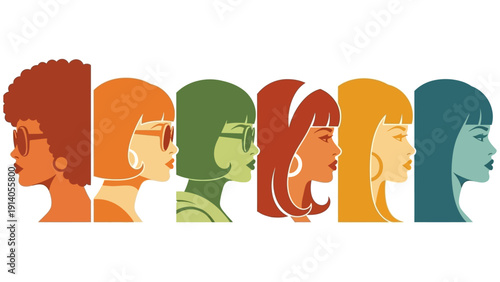six diverse women in retro vintage profiles illustrating evolving fashion and cultural identity across decades ideal for historical themes.