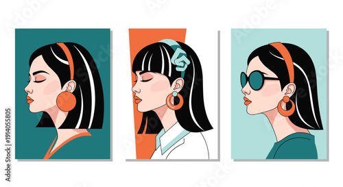 A triptych of pop art portraits showing a stylish woman with black hair and large earrings in a retro 60s style.
