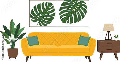 Modern living room interior with yellow sofa houseplants wooden cabinet and tropical leaf wall art vector illustration
