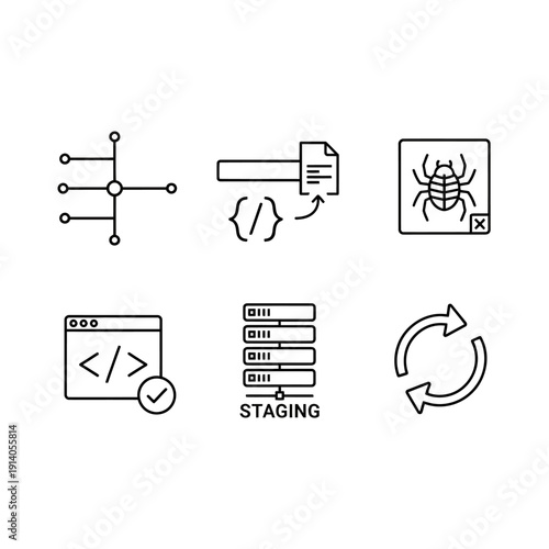 software development icons illustrating devops workflow covering coding debugging staging and deployment processes ideal for it projects.