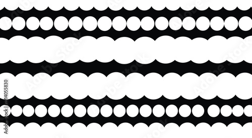 A bold seamless black and white abstract pattern with horizontal rows of circles and wavy scalloped lines.