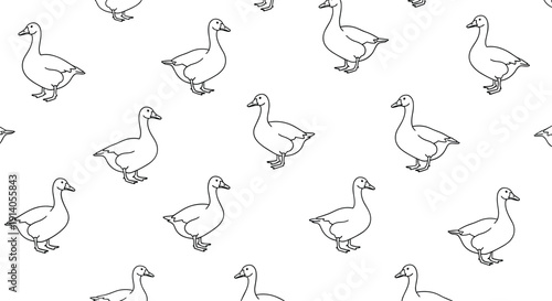 A minimalist seamless pattern of domestic goose outlines walking in various poses on an isolated white background.
