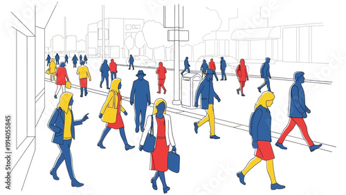 stylized illustration of diverse pedestrians walking on a bustling city street depicting urban daily life movement and community activity.