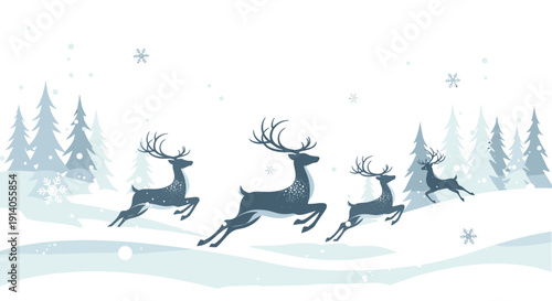 A serene winter illustration of a herd of reindeer running through a snowy landscape with pine trees and falling snow.