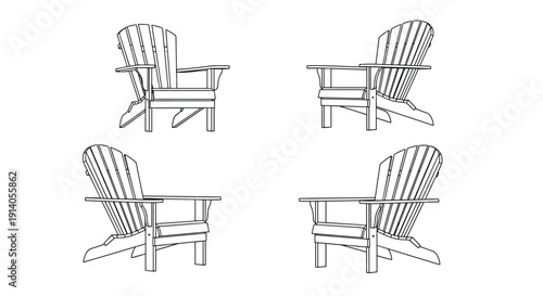 A set of four Adirondack chairs shown from various angles in a clean black and white outline vector illustration.