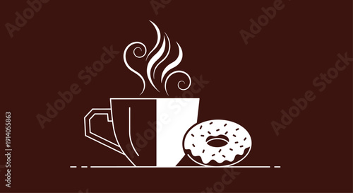 A minimalist white icon of a steaming coffee cup and a donut on a solid dark brown background for a cafe logo.