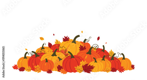 A large pile of colorful pumpkins and gourds with swirling autumn leaves for a fall harvest or Thanksgiving theme.
