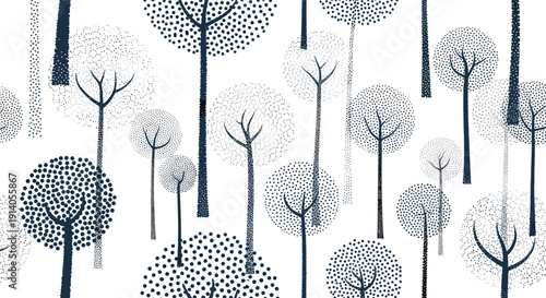 A modern seamless pattern of abstract trees with dotted crowns in a minimalist scandinavian style on a white background.