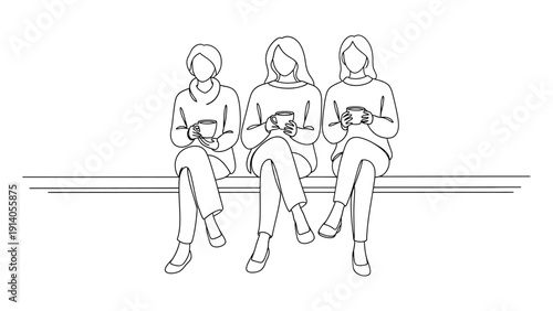 three women friends sitting on a bench holding cups minimalist line art illustration depicting friendship companionship and relaxing break.