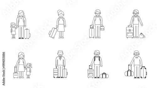 travelers with luggage including families seniors and business individuals in minimalist line art depicting various journey concepts.