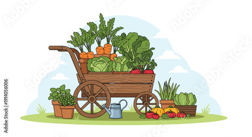 Illustration of a wooden garden cart filled with fresh vegetables like carrots and cabbage with more produce and tools nearby.