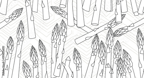 Abstract black and white seamless pattern of line art asparagus stalks over a geometric background for a modern design concept.