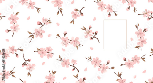 Lovely seamless pattern of pink sakura or cherry blossom branches with falling petals and a blank frame on a white background.