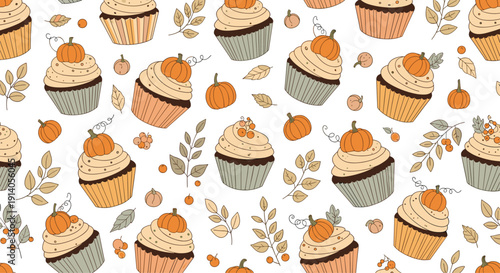 Cute seamless autumn pattern of pumpkin cupcakes with fall leaves and berries in a warm color palette on a white background.