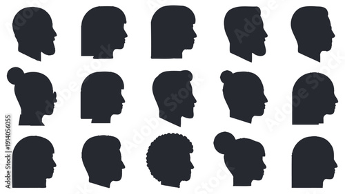 a diverse collection of human head profiles in silhouette depicting various ages genders and hairstyles perfect for illustrating concepts of identity community and demographics.