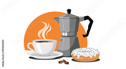 Cozy coffee break illustration with a steaming cup of black coffee a moka pot and a donut with sprinkles on a white background.