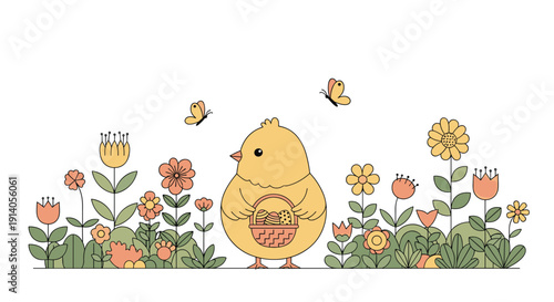 Adorable Easter chick holding a basket of decorated eggs standing among colorful spring flowers and butterflies on a white background.